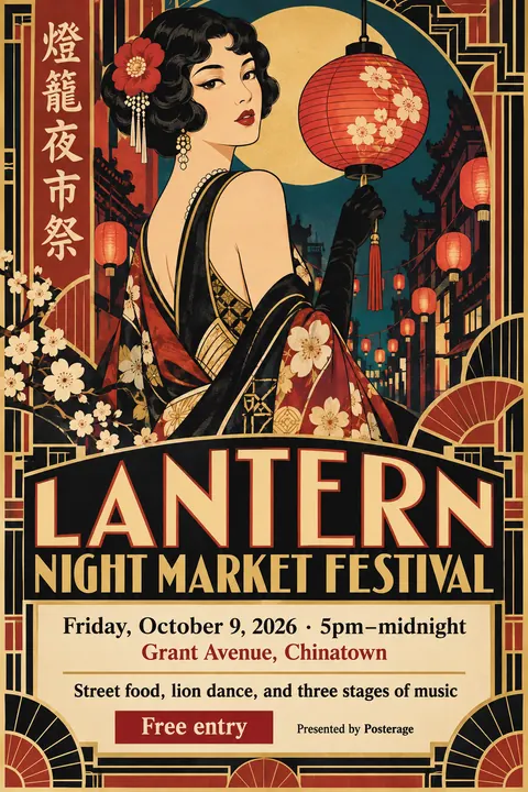 Taisho Modern / Japanese 1920s style event poster for a fictional festival: Lantern Night Market Festival