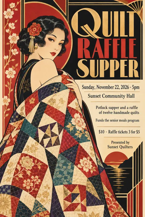 Taisho Modern / Japanese 1920s style event poster for a fictional fundraiser: Quilt Raffle Supper