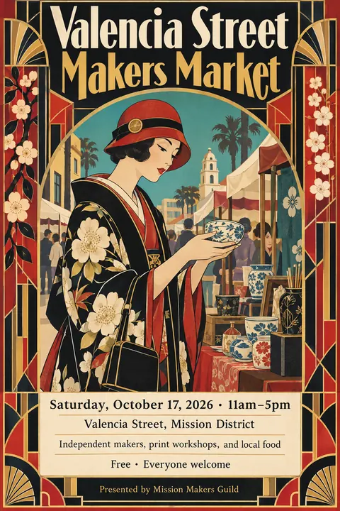 Taisho Modern / Japanese 1920s style poster for a fictional event called Valencia Street Makers Market