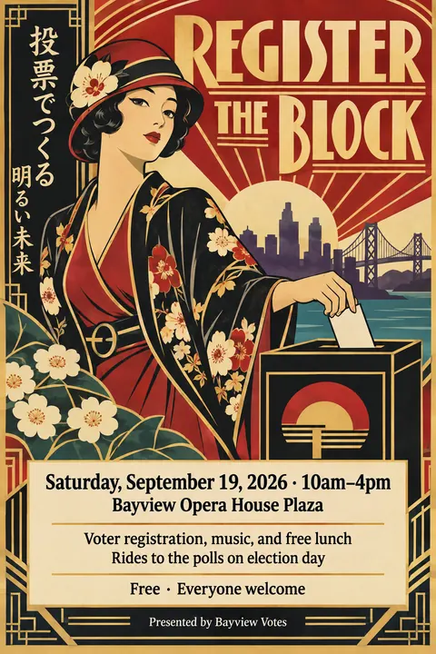 Taisho Modern / Japanese 1920s style event poster for a fictional protest: Register the Block