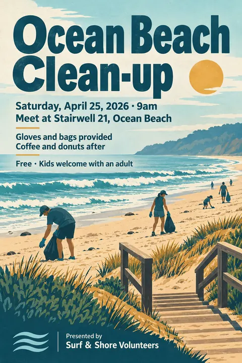 Vintage travel style poster for a fictional event called Ocean Beach Clean-up