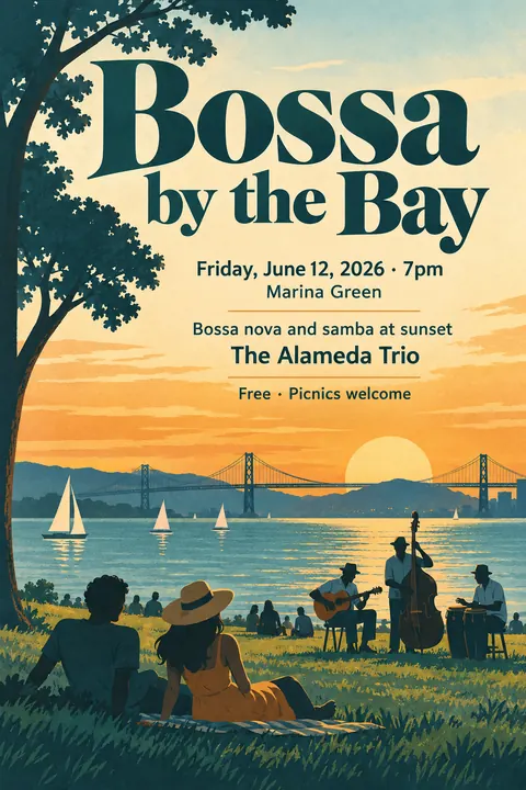 Vintage travel style poster for a fictional event called Bossa by the Bay