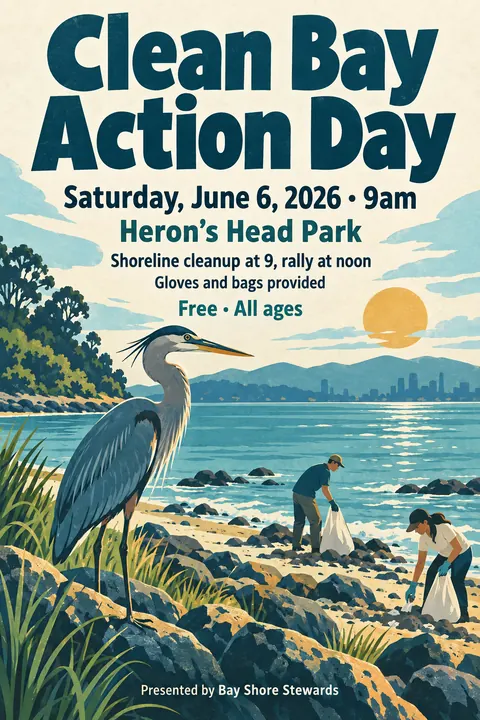 Vintage travel style event poster for a fictional protest: Clean Bay Action Day