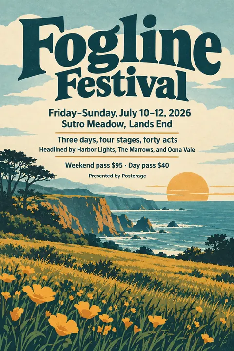 Vintage travel style event poster for a fictional festival: Fogline Festival