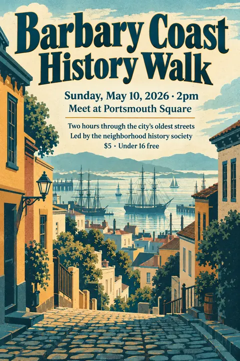 Vintage travel style poster for a fictional event called Barbary Coast History Walk