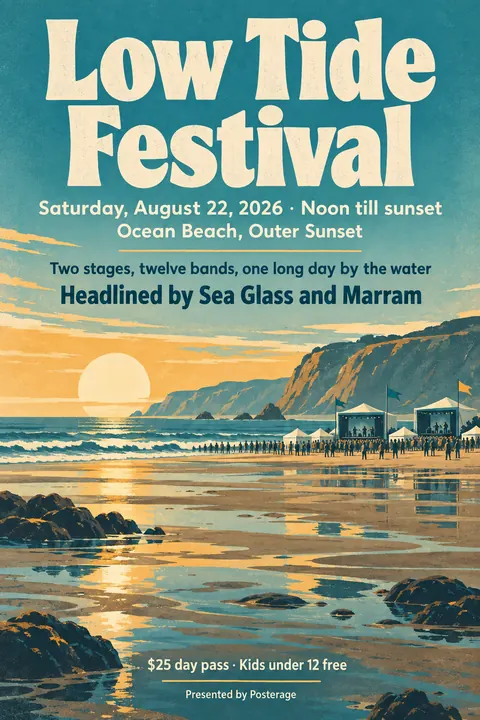 Vintage travel style poster for a fictional event called Low Tide Festival