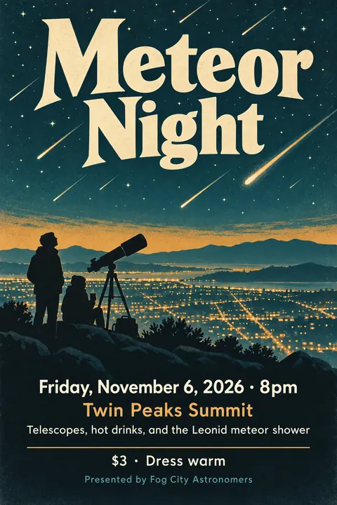 Vintage travel style poster for a fictional event called Meteor Night
