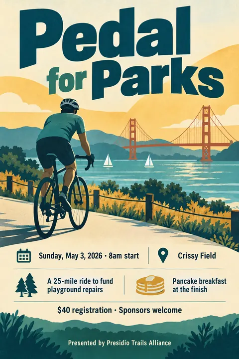 Vintage travel style event poster for a fictional fundraiser: Pedal for Parks