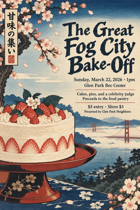 Ukiyo-e / Japanese Woodblock style event poster for a fictional fundraiser: The Great Fog City Bake-Off