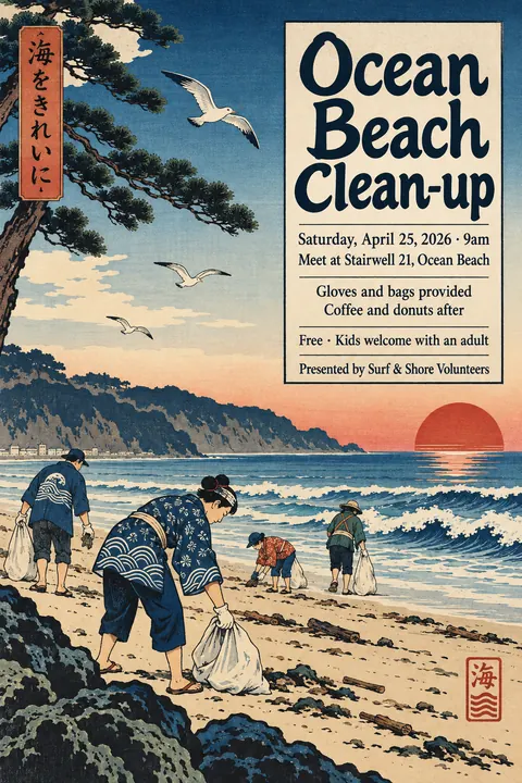 Ukiyo-e / Japanese Woodblock style poster for a fictional event called Ocean Beach Clean-up