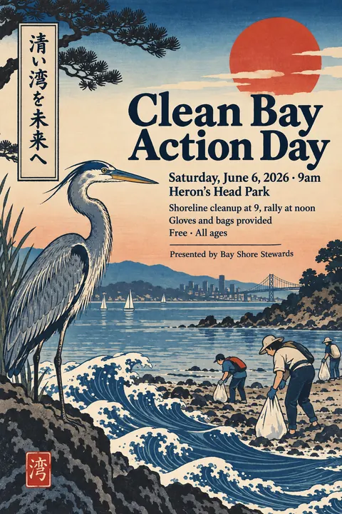 Ukiyo-e / Japanese Woodblock style event poster for a fictional protest: Clean Bay Action Day