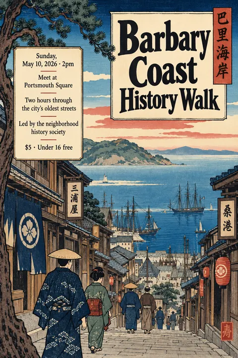 Ukiyo-e / Japanese Woodblock style poster for a fictional event called Barbary Coast History Walk