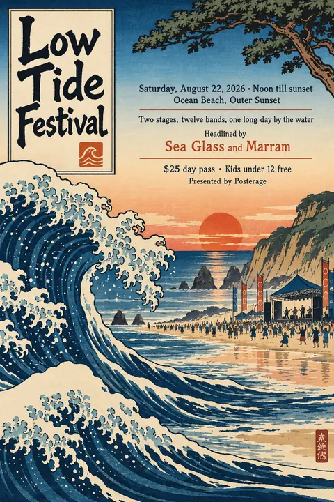 Ukiyo-e / Japanese Woodblock style poster for a fictional event called Low Tide Festival