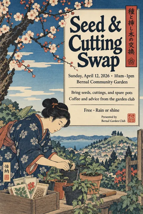 Ukiyo-e / Japanese Woodblock style poster for a fictional event called Seed & Cutting Swap