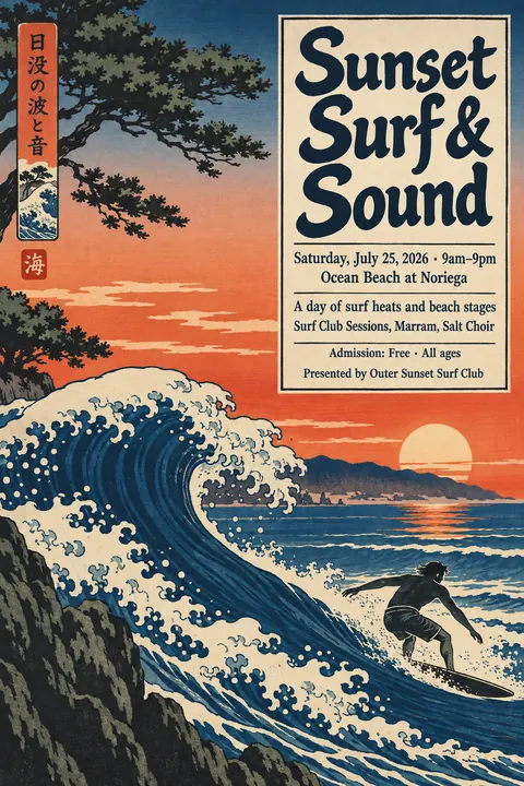 Ukiyo-e / Japanese Woodblock style event poster for a fictional festival: Sunset Surf & Sound