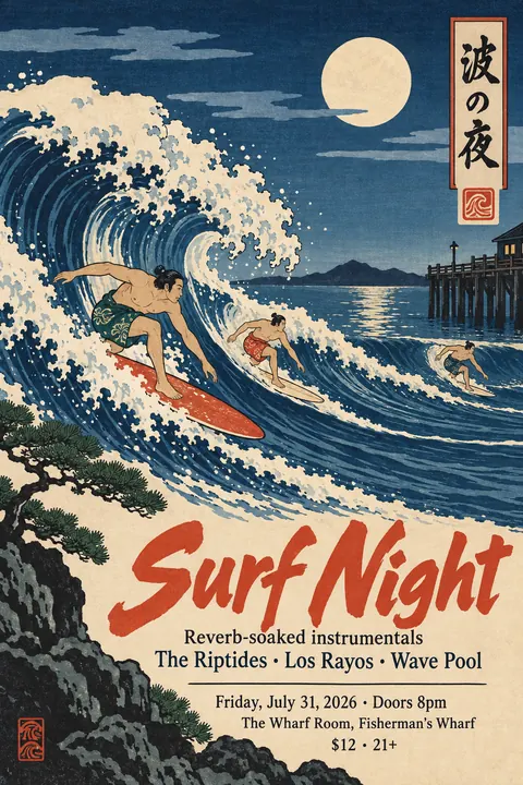 Ukiyo-e / Japanese Woodblock style poster for a fictional event called Surf Night