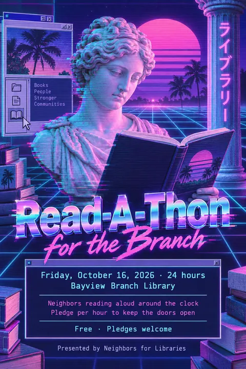 Vaporwave style event poster for a fictional fundraiser: Read-A-Thon for the Branch