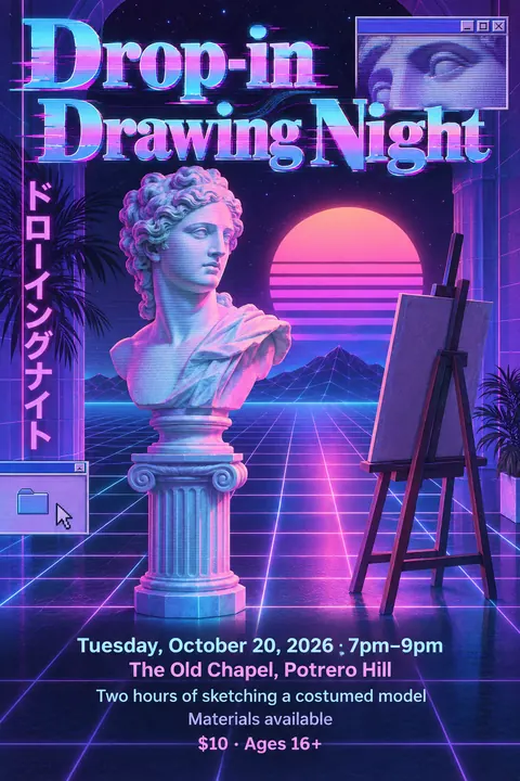 Vaporwave style poster for a fictional event called Drop-in Drawing Night