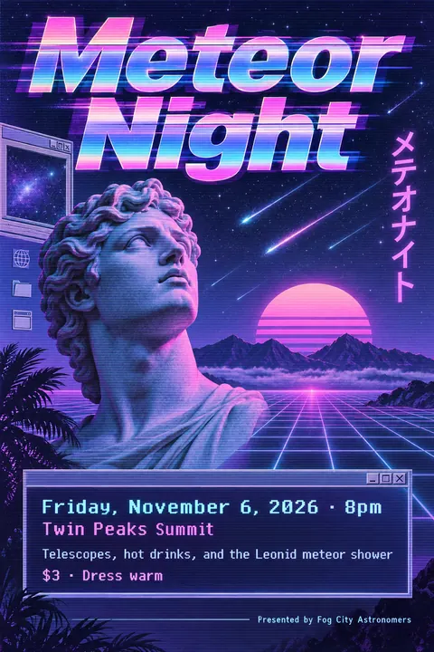 Vaporwave style poster for a fictional event called Meteor Night