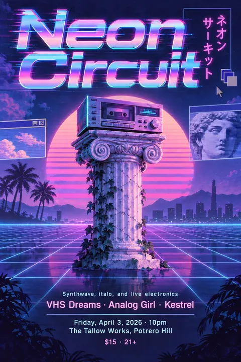 Vaporwave style poster for a fictional event called Neon Circuit