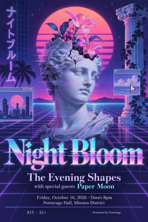 Vaporwave style poster for a fictional event called Night Bloom