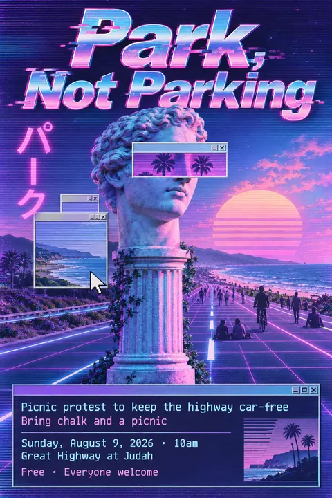 Vaporwave style event poster for a fictional protest: Park, Not Parking
