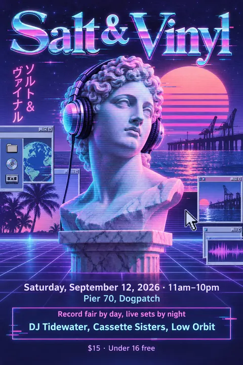 Vaporwave style event poster for a fictional festival: Salt & Vinyl