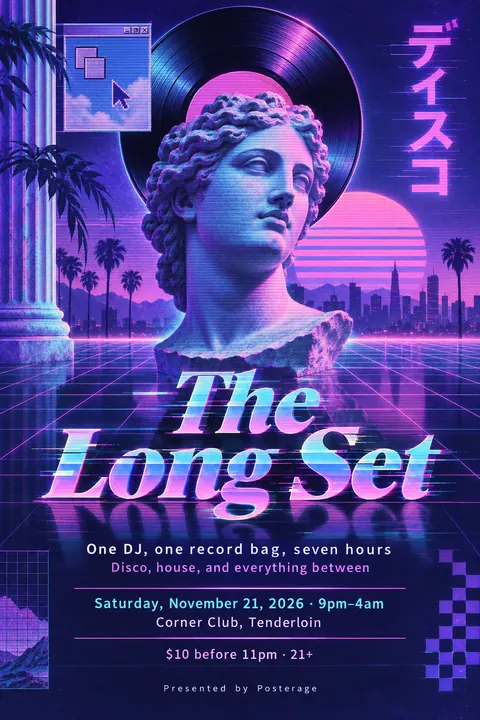 Vaporwave style poster for a fictional event called The Long Set