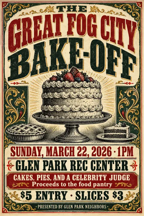 Victorian Broadside style event poster for a fictional fundraiser: The Great Fog City Bake-Off