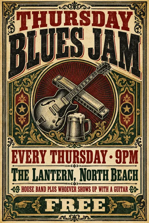 Victorian Broadside style poster for a fictional event called Thursday Blues Jam