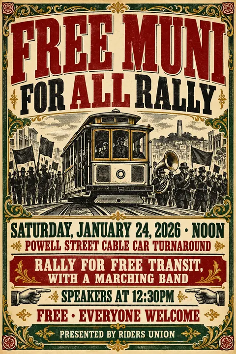 Victorian Broadside style event poster for a fictional protest: Free Muni for All Rally