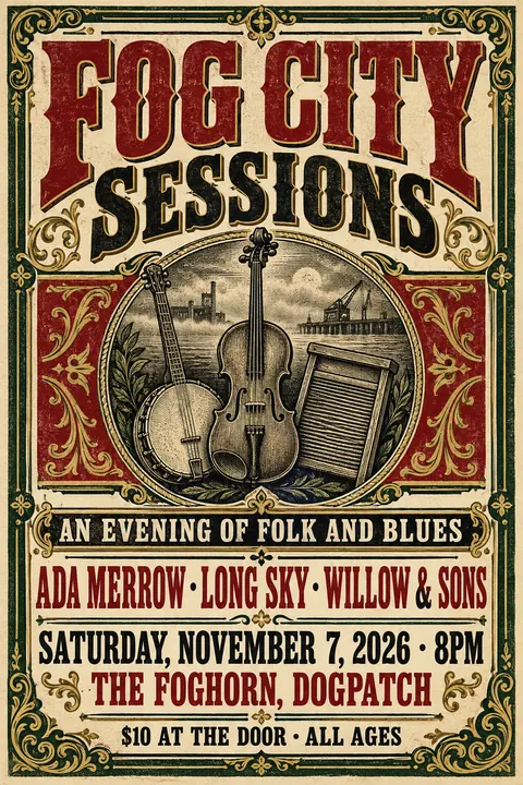 Victorian Broadside style poster for a fictional event called Fog City Sessions