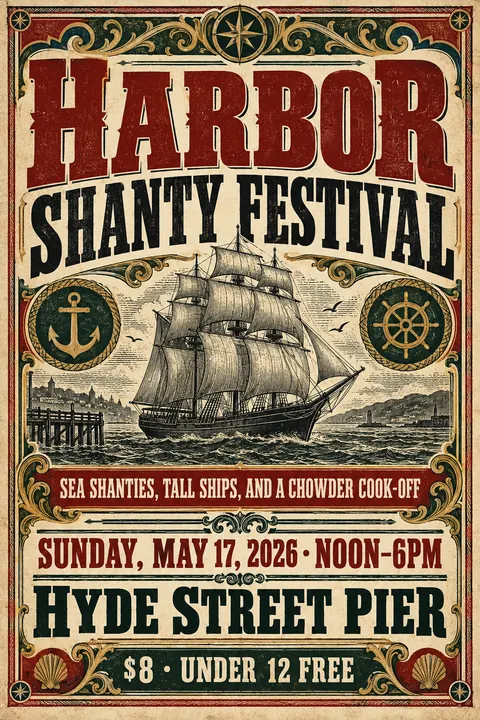 Victorian Broadside style event poster for a fictional festival: Harbor Shanty Festival