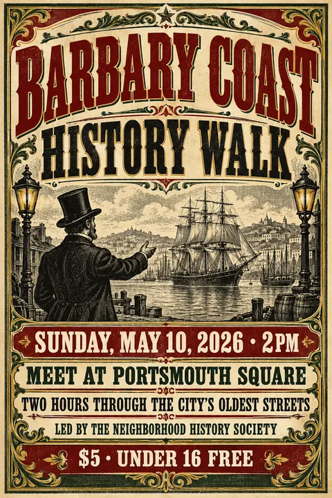 Victorian Broadside style poster for a fictional event called Barbary Coast History Walk