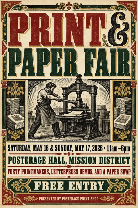 Victorian Broadside style poster for a fictional event called Print & Paper Fair