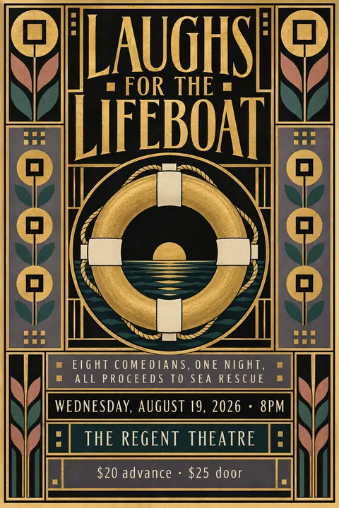 Vienna Secession style event poster for a fictional fundraiser: Laughs for the Lifeboat