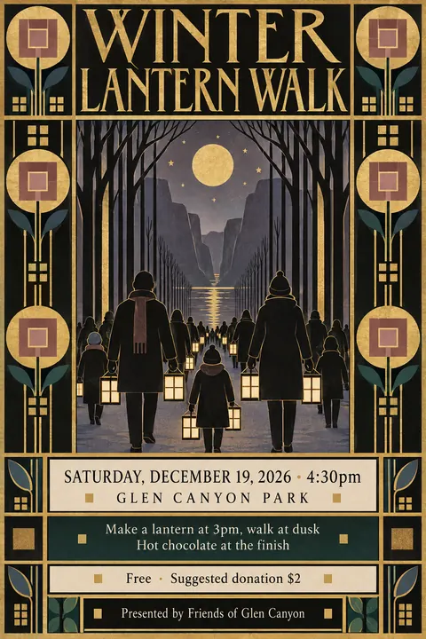 Vienna Secession style poster for a fictional event called Winter Lantern Walk