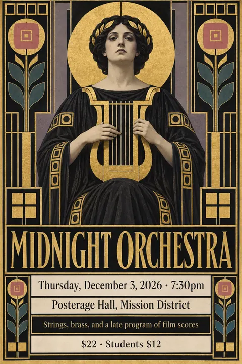 Vienna Secession style poster for a fictional event called Midnight Orchestra