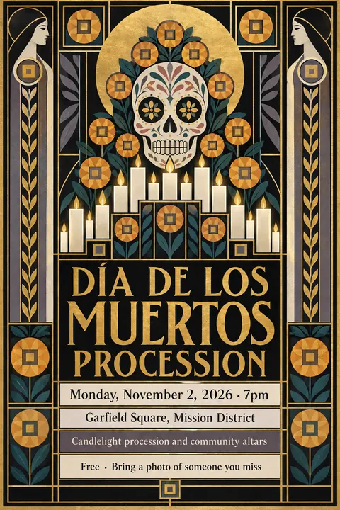 Vienna Secession style poster for a fictional event called Día de los Muertos Procession