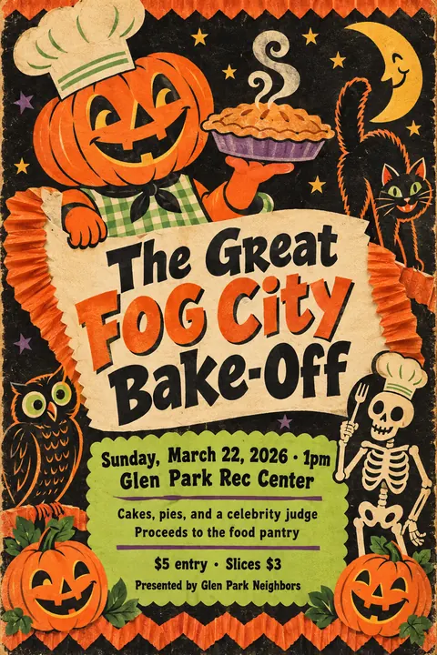 Vintage Halloween style event poster for a fictional fundraiser: The Great Fog City Bake-Off