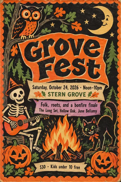 Vintage Halloween style event poster for a fictional festival: Grove Fest