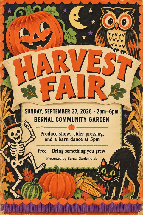 Vintage Halloween style event poster for a fictional community: Harvest Fair