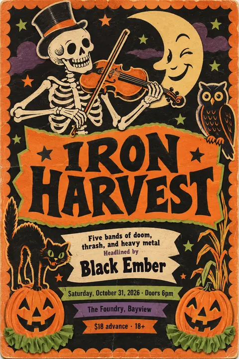 Vintage Halloween style event poster for a fictional music: Iron Harvest