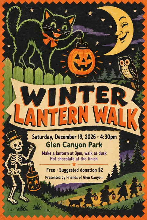 Vintage Halloween style event poster for a fictional community: Winter Lantern Walk