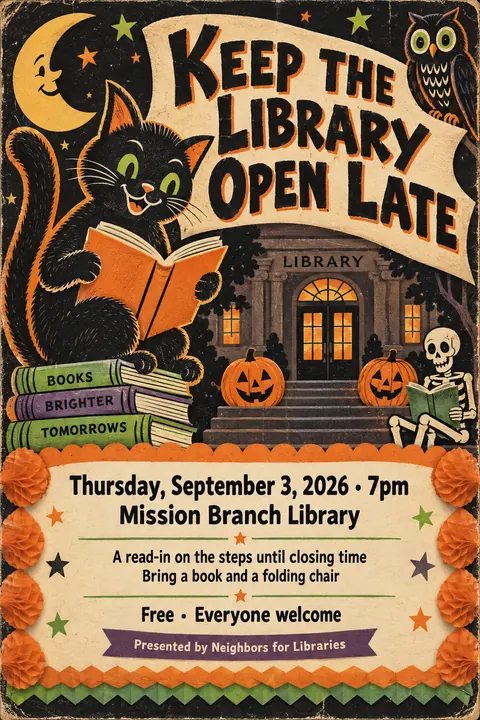 Vintage Halloween style event poster for a fictional protest: Keep the Library Open Late