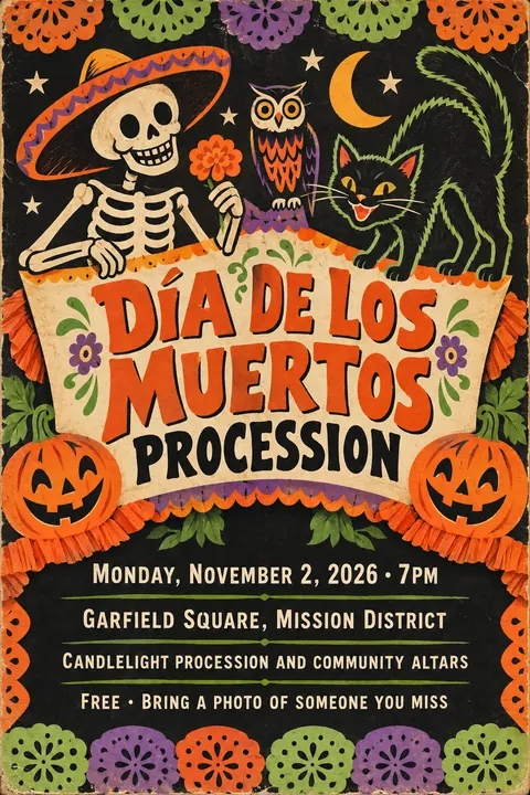 Vintage Halloween style event poster for a fictional community: Día de los Muertos Procession