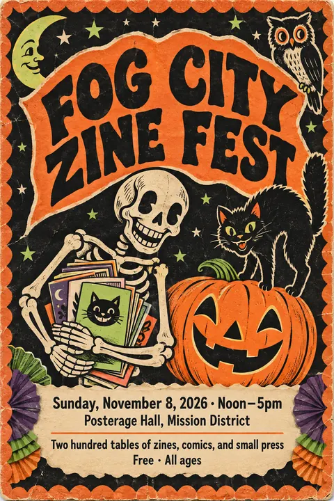 Vintage Halloween style event poster for a fictional community: Fog City Zine Fest