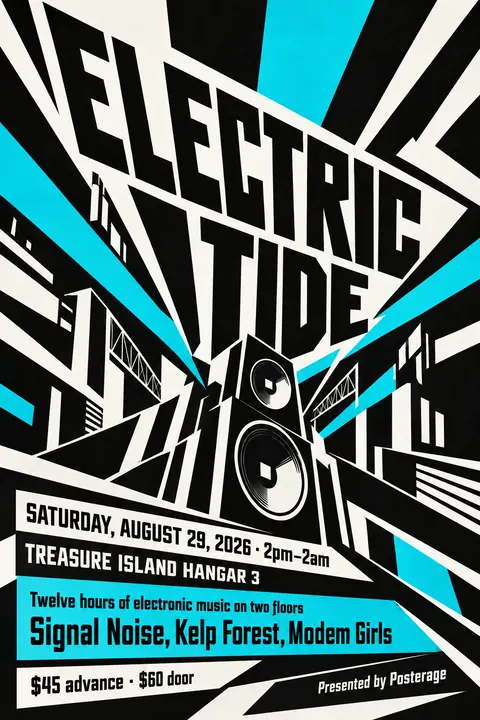 Vorticism style event poster for a fictional festival: Electric Tide