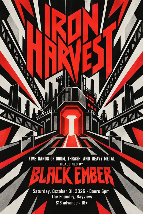 Vorticism style poster for a fictional event called Iron Harvest