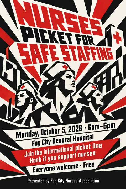 Vorticism style event poster for a fictional protest: Nurses Picket for Safe Staffing